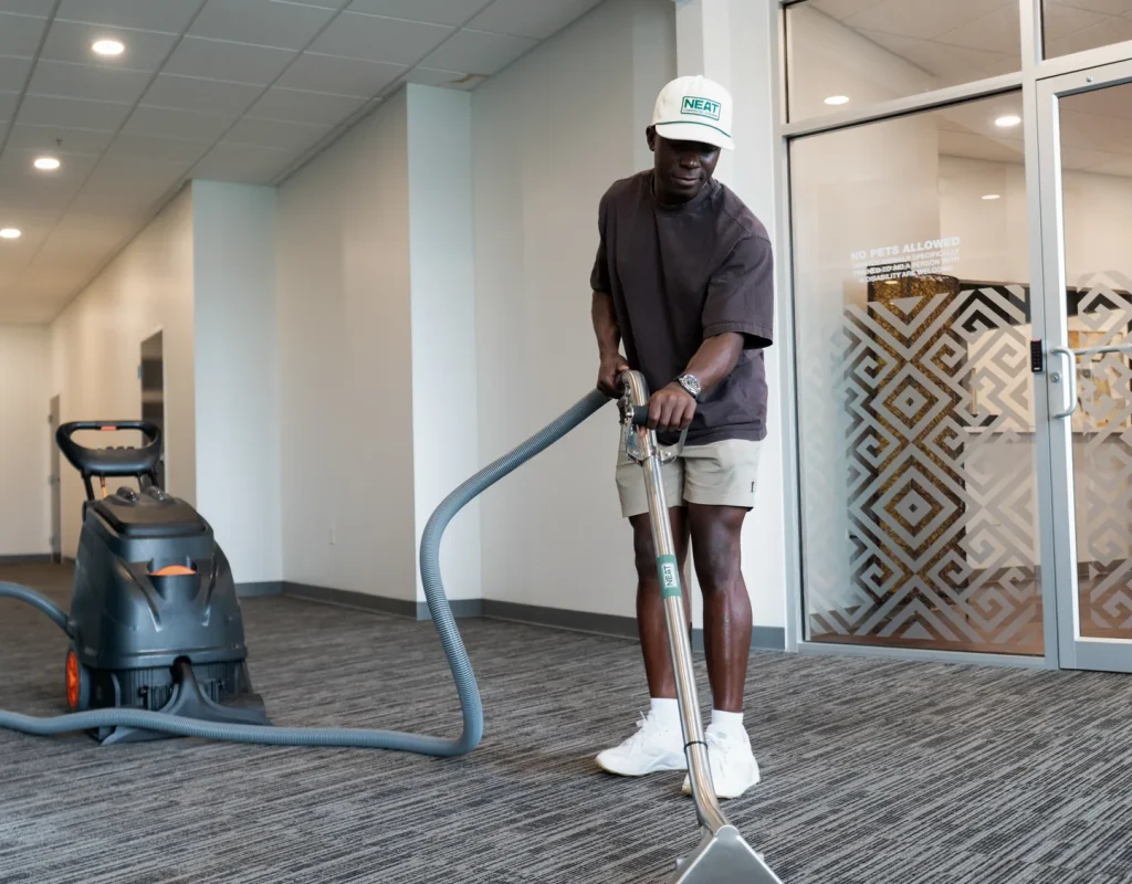 Commercial carpet cleaning with hot water extractor in a Benton County, AR office