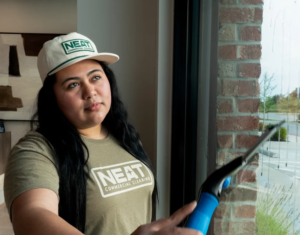 Professional commercial window cleaning with squeegee in Washington County, AR