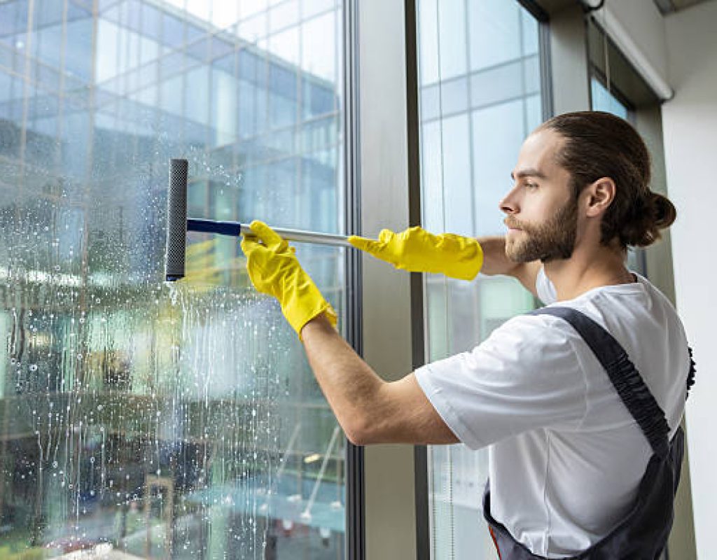 Sparkling clean windows after professional commercial cleaning service completion