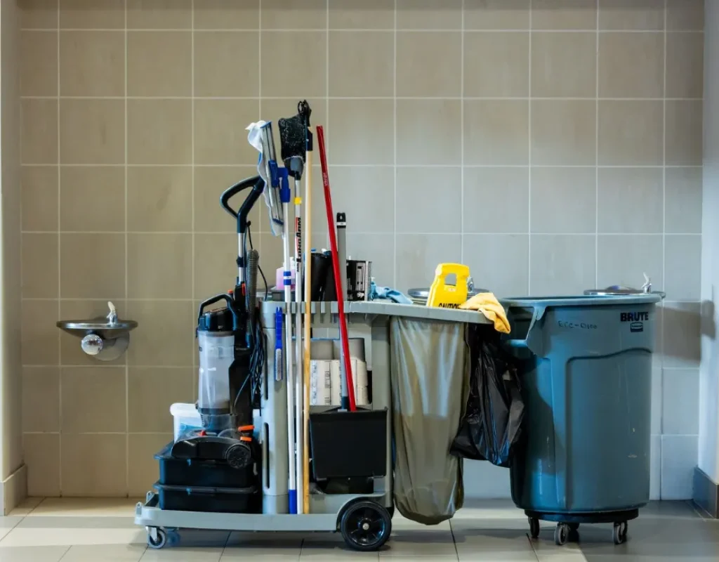 Cleaning cart with mops, supplies, and waste bins in a tiled clinic room during medical office cleaning in Rogers, AR