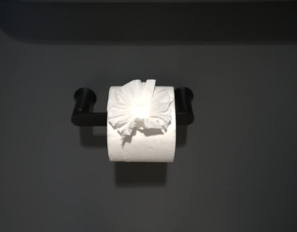 Restroom toilet paper fold detail showing attention to detail in Northwest Arkansas